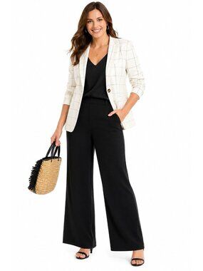 ANN TAYLOR Fitted One Button Blazer Windowpane Linen Blend 6 white business